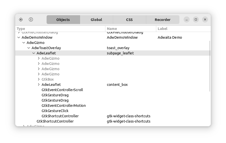GTK inspector in the libadwaita demo application